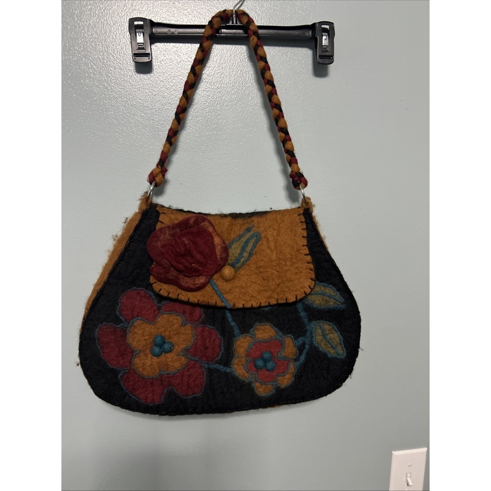 Rising Tide Handmade Felt Floral Handbag With Braided Handle & Button Closure